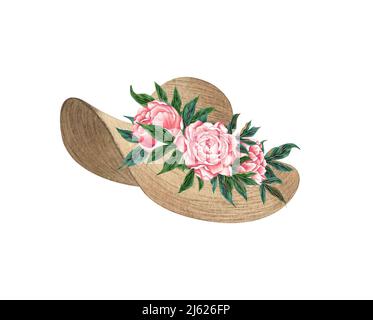 Aquarell Land Stiefel mit roten Blumen und Grün, Illustration isoliert auf weißem Hintergrund. Rustikale Hochzeit. Stockfoto