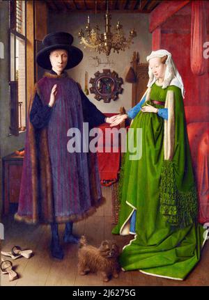 Jan van Eyck - das Arnolfini-Porträt (oder die Arnolfini-Hochzeit, die Arnolfini-Ehe, das Porträt von Giovanni Arnolfini und seiner Frau - 1434 Stockfoto