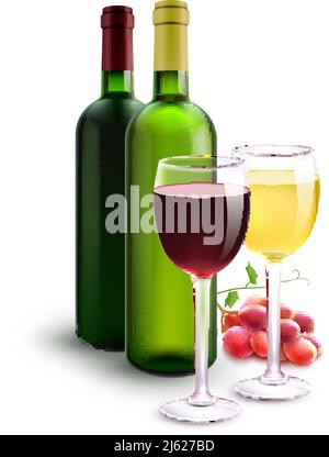 Rot und weiß realistische Weinflaschen Set mit Gläsern und Traubenbündel Vektor-Illustration Stock Vektor