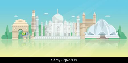 Indien architektonische Skyline Poster mit taj mahal Lotustempelturm Von Sieg und Tor Vektor-Illustration Stock Vektor