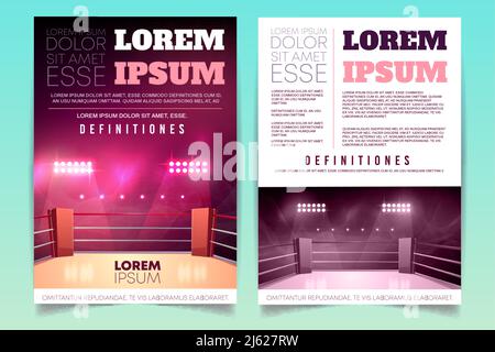 Vector Broschüre mit Boxring für Wettkampf, Turnier. Booklet mit beleuchteten Sportplatz für Kampf, gefährlichen Sport. Leere Arena mit shi Stock Vektor