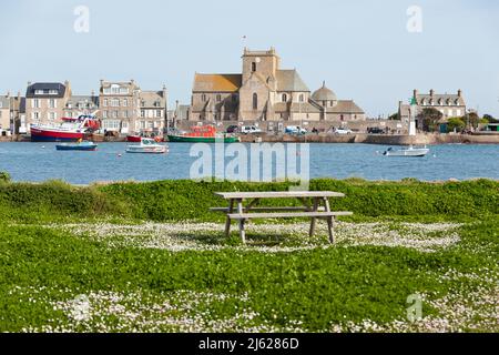 Bank umgeben von Blumen im Frühling, Hafen von Barfleur, kleine Stadt auf der Halbinsel Cotentin, Manche, Normandie, Frankreich Stockfoto