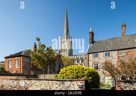 Frühlingsnachmittag auf dem Close in Norwich, Norfolk, England. Die Kathedrale von Norwich in der Ferne. Stockfoto