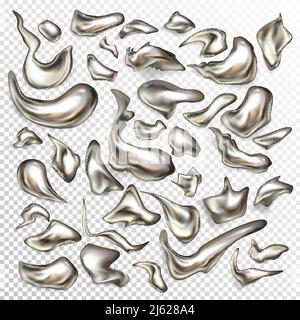 Vector 3d realistischer Satz von flüssigen Metalltropfen in abstrakten Formen isoliert auf transparentem Hintergrund. Wertvolle Legierungsspritzer, geschmolzene Tröpfchen von schnell Stock Vektor