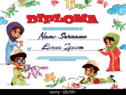 Diplomvorlage Vektor Illustration des Kindergartenzertifikats für muslimische Kinder. Cartoon-Design von Kindern Jungen und Mädchen in Hijab und Khaliji mit Stock Vektor