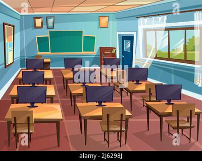 Vektor Cartoon leer High School Hochschule Universität Informatik Klassenzimmer Hintergrund. Illustration Raum Innenraum Objekte Schreibtisch Tisch Stuhl Stock Vektor