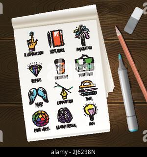 Notizbuch mit kreativen Prozessskizzen Ikonen und Bleistift auf Tisch vektorgrafik Stock Vektor