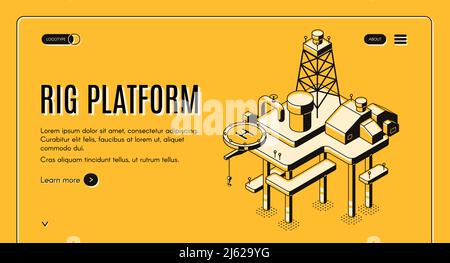 Ölförderung auf See und Kontinentalschelf isometrischen Vektor Web-Banner mit Offshore-Bohranlage Plattform Linie Kunst Illustration. Erdöl und Gas p Stock Vektor