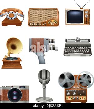 Retro nostalgische Piktogramme Sammlung von antiken mechanischen Schreibmaschine und Grammophon Vinyl Records Player abstrakt isoliert Vektor Illustration Stock Vektor