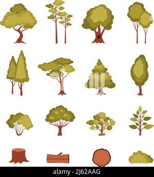 Waldelemente mit Bäumen Sträucher Pflanzen Log und Stumpf gesetzt Isolierte Vektordarstellung Stock Vektor