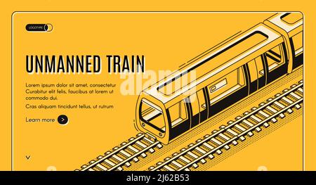 Vector Concept Banner mit unbemanntem Elektrozug auf Eisenbahn auf gelbem Hintergrund. Automatisierter Transport, autonome Lokomotive mit Autopilot für Subw Stock Vektor