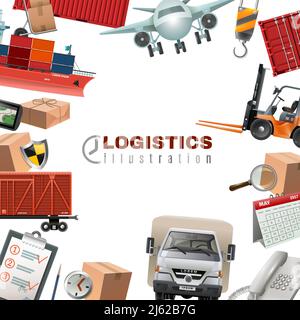 Logistik bunte Vorlage mit LKW Flugzeug Schiff Kran Telefon Boxen Notepad Gabelstapler auf weißem Hintergrund Vektor-Illustration Stock Vektor