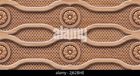 3D Tapete Hintergrund mit goldener Blume, Holz Hochwertige Rendering dekorative Wandfliesen Wandtapete Illustration, 3D Wohnzimmer Tapete. Stockfoto