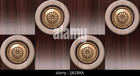 Holz kreisförmig Abstrakt geometrische goldene Blume Hintergrund aus Holz, 3D Render Stockfoto