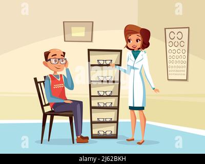Vector Cartoon Frau Arzt Augenarzt hilft erwachsenen Mann Patienten mit Dioptrien Brille Auswahl. Weiblicher Optometrish-Karakter in medizinischer Uniform V Stock Vektor