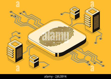 Digitaler Sicherheitszugang mit biometrischen Daten isometrisches Vektorkonzept mit Fingerabdrucksensor oder -Scanner, der mit Computern oder Netzwerkservern verbunden ist Abb. Stock Vektor