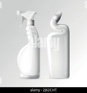 Vektordarstellung von 3D-Mockup-Flaschen von Toiletten- und Badreiniger oder Glasreiniger. Weiße Plastikflaschen für Stock Vektor