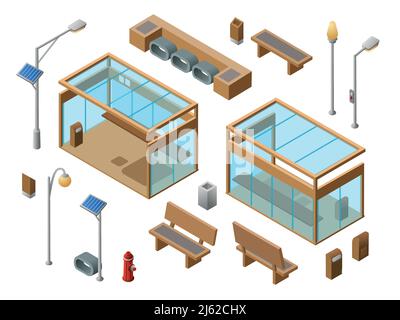 Vektor-isometrisches Busstop-Konzept-Objekte gesetzt. 3d-Stadt Glas Station Bänke Sonnenblende Straßenlaternen Mülltonne, Mülleimer, Hydrant. Abbildung Stock Vektor