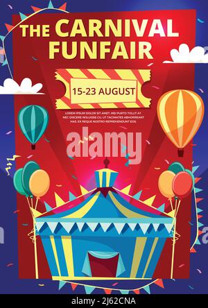Karneval Funfair Vektor Illustration von Einladungsplakat, Banner oder Flyer mit Zirkuszelt und Heißluftballons und Fahnen. Flache Designvorlage für f Stock Vektor