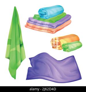 Vector Badezimmer, Spa farbige Handtuch-Set. Realistische gefaltete, hängende flauschige Baumwollobjekte, Dusche oder Haushaltsgegenstände aus der Küche. 3d Stoff weiches Tuch für Stock Vektor