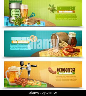 Deutsches oktoberfest 3 waagerechte Banner Set mit Konserve und Vektorgrafik Eichenfass dunkles Bier Stock Vektor