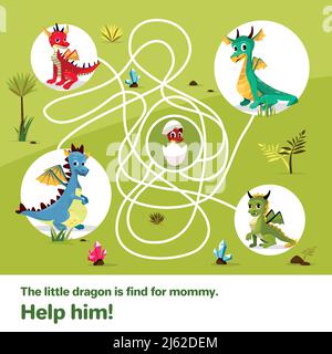 Labyrinth Labyrinth Kinder Spiel Vektor Illustration. Cartoon Drachen, Hilfe finden Weg zum Kind Ei auf verworrene Weglinien, logische Lösung Spiel für Kinder boo Stock Vektor