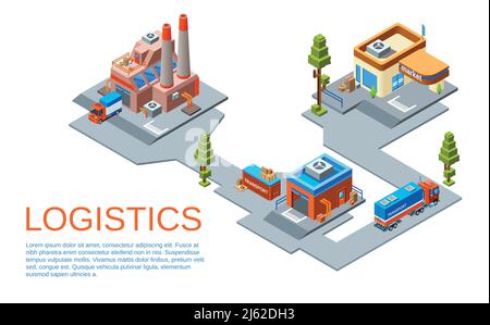 Vector isometrisches Logistik- und Transportgeschäftskonzept. Weg von der Produktionsanlage zum Versandlager und zum Marktlager Prov Stock Vektor