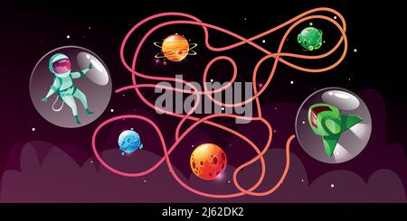 Vektor-Cartoon wählen Sie den richtigen Weg pädagogische Spiel für Kinder im Weltraum-Stil. Finden Sie den richtigen Weg in kosmischen Labyrinth für Raumfahrer zu seinem Raumschiff rocken Stock Vektor