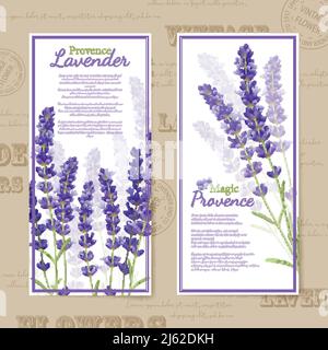 Vertikale Banner sehen aus wie Lesezeichen oder Postkarten mit Lavendelblüten Titel und violette Vektorgrafik Stock Vektor