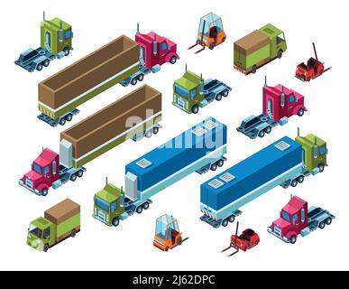 Frachttransport Vektor Illustration der isometrischen Logistik Lieferanhänger, Lager Gabelstapler und Gütertransport van. Isometrisches Isolat Stock Vektor