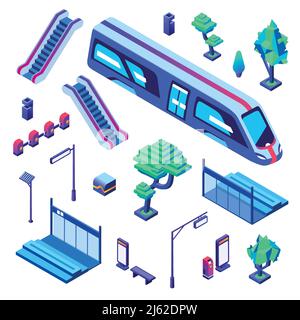 Vektordarstellung der isometrischen isolierten Symbole am U-Bahnhof. U-Bahn- oder U-Bahn-Bahnhofselemente der Fahrgastplattform, Rolltreppen Stock Vektor