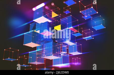 Neonlicht. Blockchain-Technologie. Informationsblock in der volumetrischen Zusammensetzung. Leuchtende Kanten auf dunklem Hintergrund. 3D-farbige Abbildung Stockfoto