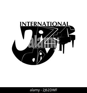 International Jazz Day Musik Negative Space Stil Vektor-Poster für Jazz-Festival oder Nacht Blues Retro-Party mit schwarzem Flügel. Stilisiertes Letterin Stock Vektor