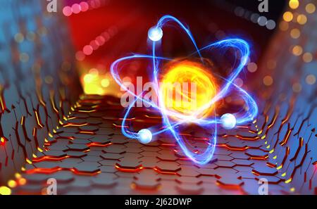 Atomreaktor. Experimente mit dem Hadronenkollider. Untersuchung der Struktur eines Atoms. 3D Illustration eines innovativen Durchbruchs Stockfoto