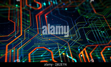 MicroCircuit 3D-Abbildung. Schaltkreis, Silizium-Chip. Quantencomputer. Hauptplatine. Cyberspace der Hochtechnologien. Informationsdatenfluss Stockfoto