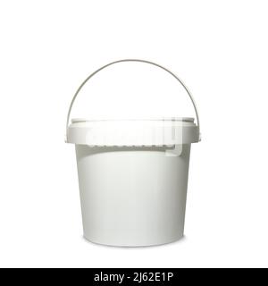 Kunststoff-Eimer Vektor-Illustration von 3d realistische weiße Behälter für Modell der Marke Paket mit Deckel und Griffe für Malerei, Kitt oder Prime Stock Vektor