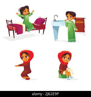 Vektor Cartoon arabische Mädchen morgendliche Routine activiti eingestellt. Weibliche muslimische Khaliji-Charaktere Hijab wachen gestreckt auf, putzen Zähne dabei hocken Gymnastik t Stock Vektor