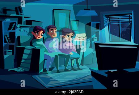 Familie schaut Nacht TV Vektor Illustration von Paar Mann und Frau sitzen auf Sofa oder Stuhl im Wohnzimmer. Cartoon Mutter und Vater zusammen mit Stock Vektor