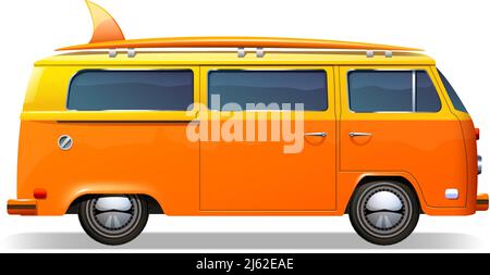 Orange Retro Bus mit Surfbrettern realistisch isoliert auf weiß Vektordarstellung im Hintergrund Stock Vektor