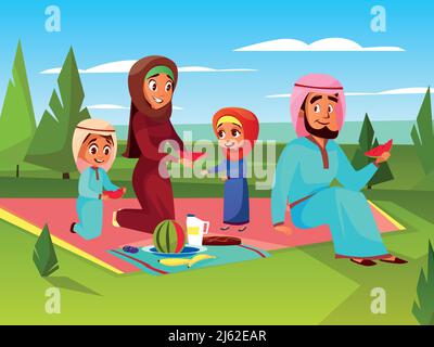 Arabische Familie bei Picknick Vektor Cartoon Illustration. Saudi-muslimischer Vater und Mutter in Khaliji mit Kindern Junge und Mädchen zusammen sitzen im Freien Stock Vektor