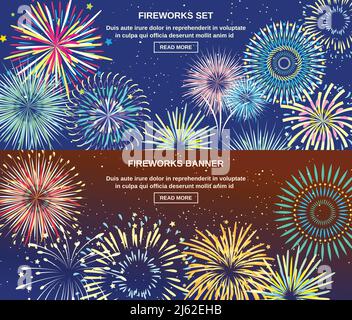 Feier horizontale Banner mit hellen bunten Lichtern explodierenden Feuerwerk Bei Nacht flache Vektorgrafik Stock Vektor