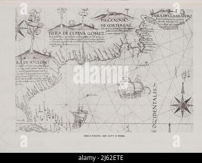 Karte von Diego Ribero Kopie in Rom 1529 aus der Ikonographie von Manhattan Island, 1498-1909 zusammengestellt aus Originalquellen und illustriert mit Foto-Tiefdruck-Reproduktionen wichtiger Karten, Pläne, Ansichten, Und Dokumente in öffentlichen und privaten Sammlungen - Band 2 von Stokes, I. N. Phelps (Isaac Newton Phelps), 1867-1944 Verlag New York : Robert H. Dodd 1915. Einschließlich Kartographie: Ein Essay über die Entwicklung von Wissen über die Geographie der Ostküste von Nordamerika; Manhattan Island und seine Umgebung auf frühen Karten und Karten / von F.C. Wieder und I.N. Phelps Stokes. Die Manatus-Karte Stockfoto