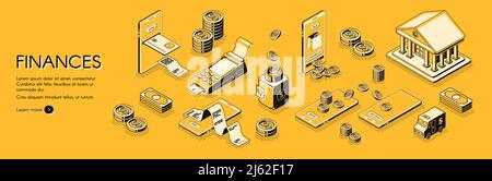Finanzanalyse, Investitionen und Unternehmensberatung, Online-Banking und Buchhaltungsservice isometrischen Vektor horizontalen Web-Banner oder poste Stock Vektor