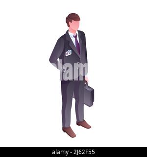 Vektor-Illustration für Geschäftsleute oder Büroleiter. Isolierter gesichtsloser Chef oder Verkäufer in Geschäftskleidung, Krawatte und Tasche, Name oder Zugangsausweis und Hand Stock Vektor