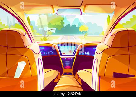 Auto innerhalb Vektor Illustration von intelligenten autonomen Automobil Cartoon-Design Des Armaturenbrett mit GPS-Navigation und Fahrsteuerung Für fut Stock Vektor