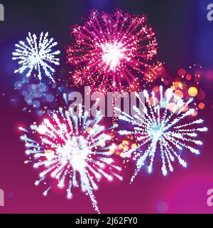 Feuerwerk Vektor Illustration von funkelnden Birght Lichter und Bokeh-Effekt. Realistischer Hintergrund für Neujahr und Weihnachtsfeiertage oder Geburtstagsfeier ce Stock Vektor
