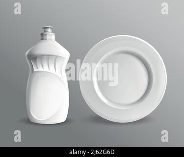 Vector Spülflüssigkeit Plastikflasche mit Keramik Kreis Platte mockup. Waschmittel-Werbung, Branding Produktverpackungen Design-Elemente. Isoliert Stock Vektor