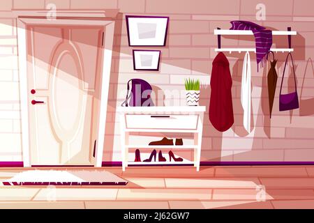 Vector Cartoon Haus Interieur, Flur mit Möbeln - Regal, Rack und Kleiderbügel mit Kleidung. Gemütliches Vorzimmer mit weißer Tür und Teppich. Korridor nach Stock Vektor