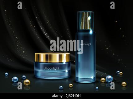 Damen Nacht Kosmetik Linie 3d realistische Vektor. Parfüms in Markenflasche aus blauem Glas und feuchtigkeitsspendende Creme-Glas mit goldener Kappe auf schwarzem Seide Bac Stock Vektor