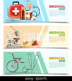 Healthcare online 3 medizinische horizontale Banner Set mit Labor elektronisch Mikroskop Rollstuhl und Krücken isoliert Hintergrund Vektor Illustration Stock Vektor